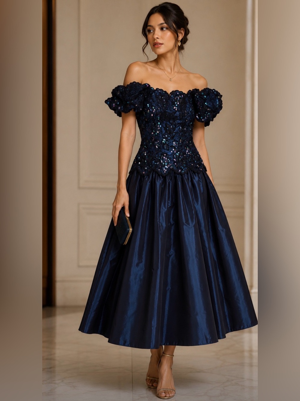 Vintage Sylvia Off-Shoulder Navy Sequin A-Line Dress